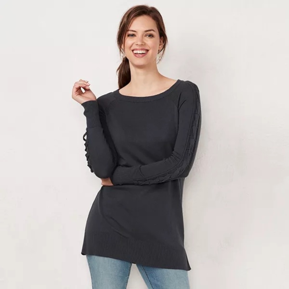 NWT! LC Lauren Conrad Lace Up Sleeve Tunic Sweater L Large